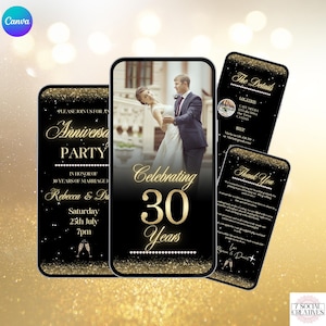 30th Wedding Anniversary Invite. Elegant Digital Gold Pearl Anniversary Party or Dinner Invitation with  Photo. DIY Editable Canva Template.