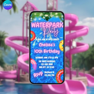 Girl's Waterpark Birthday Invitation. Digital Pink Water Park Party Invite. Water Slide Splash eVite. Kids or Teen DIY Editable Template.