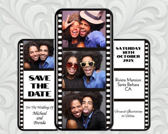 May include: Digital invitation template featuring a photo strip design with three images of a smiling couple. The text includes "Save the Date" and wedding details. The invitation is designed to be edited in Canva.