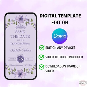 K&ouml;nnte beinhalten: Lilafarbener Blumen-Save-the-Date-Template f&uuml;r Canva f&uuml;r eine Quincea&ntilde;era. Das Template zeigt ein Blumenmuster mit einer Krone und den Text "Save the Date" f&uuml;r die Quincea&ntilde;era von Isabella Maria. Das Datum ist Samstag, der 25. November um 12 Uhr. Das Template ist auf jedem Ger&auml;t bearbeitbar und enth&auml;lt ein Video-Tutorial.