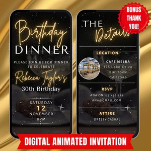 Digital Birthday Dinner Invitation. Editable Animated Video Dinner Party Invite In Black and Gold. Easy To Edit In Canva.  Send By Phone.