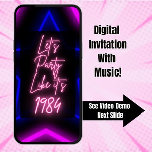 80s Party Invitation.  Retro Disco 1980s Themed Neon Video Invite. Party Like It's 1984. DIY Editable Canva Template. Send by Phone.