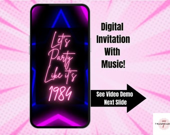 Invitación a fiesta de los 80. Invitación en vídeo de neón con temática disco retro de los años 80. Fiesta como si fuera 1984. Plantilla de Canva editable por bricolaje. Enviar por teléfono.