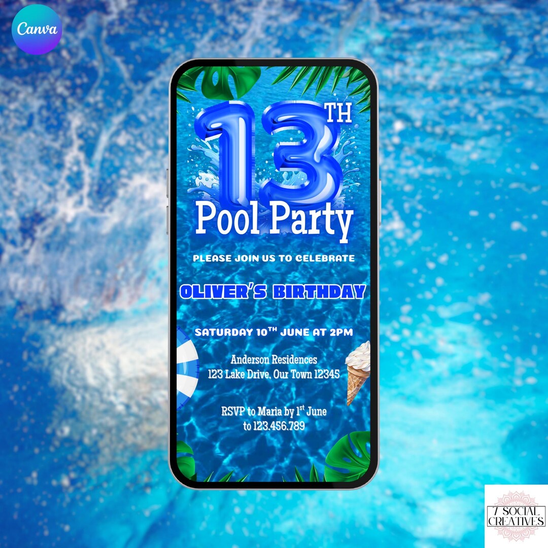 Boys 13th Pool Party Birthday Invite. Digital Animated Blue Summer ...