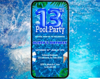 Boys 13th Pool Party Birthday Invite. Digital Animated Blue Summer Tropical Theme Invitation. Kids Teen eVite. DIY Editable Template.