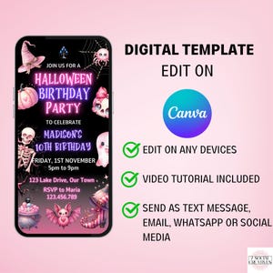 The image is a digital template for a Halloween birthday party invitation. It features a smartphone displaying the invitation text, along with a list of options for editing and sending the invitation.