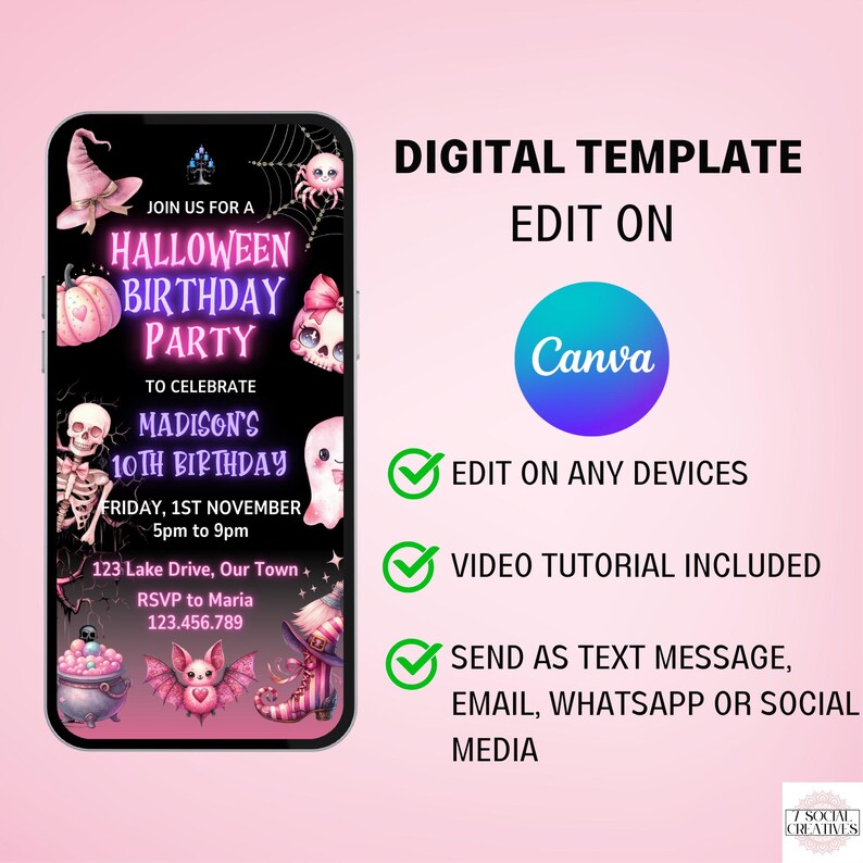 The image is a digital template for a Halloween birthday party invitation. It features a smartphone displaying the invitation text, along with a list of options for editing and sending the invitation.