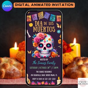 Peut inclure: Invitation numérique animée pour le Dia de los Muertos. Le design présente une tête de mort en sucre colorée avec des accents floraux, des papillons et le texte "Dia de los Muertos". L'invitation comprend les détails de l'événement.