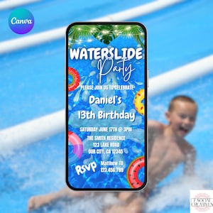 Waterslide Birthday Invitation. Digital Inflatable Water Party Invite. Boys or Girls Water Slide eVite. Kids or Teen DIY Editable Template.