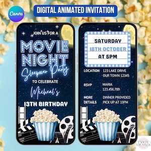May include: Digital invitation for a movie night sleepover party to celebrate Micheal's 13th birthday. The invitation features a blue and white movie night theme with popcorn, film reels, and a marquee sign. The event is scheduled for Saturday, October 18th at 5 PM. The location is 123 Lake Drive, Our Town 12345. RSVP to Maria at 123.456.789. Dinner is provided and pick up is at 10 PM.