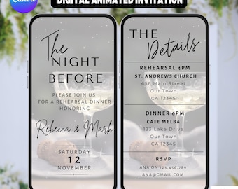 Digital Rehearsal Dinner Invitation. White Animated The Night Before Wedding Rehearsal Dinner Invite. DIY Template eVite.