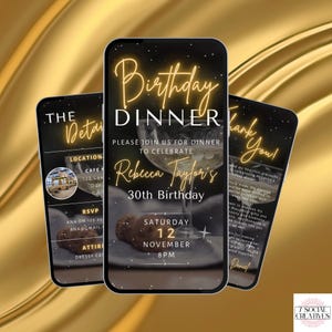 Downloadable Birthday Dinner Invite. Digital Animated Any Age Party Invitation In Black and Gold. DIY Template.
