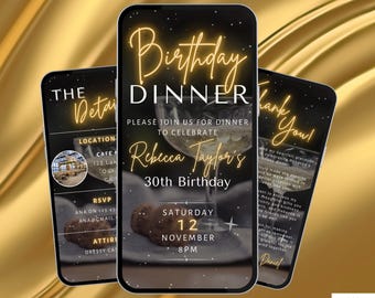 Downloadable Birthday Dinner Invite. Digital Animated Any Age Party Invitation In Black and Gold. DIY Template.