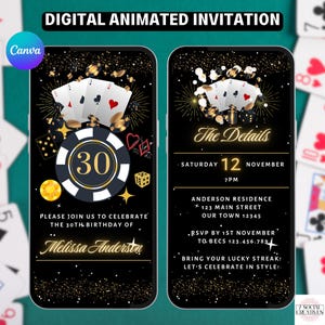 Kasino-Geburtstags-Einladung. Digital animierte 21.30.40.50, jedes Alter Pokerkarten einladen. Elegantes bearbeitbares Party eVite. DIY-Vorlage.