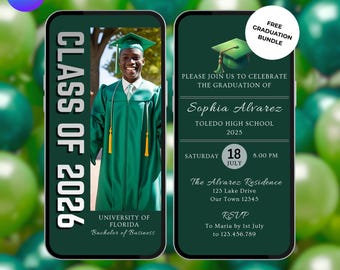 Green 2026 Graduation Party Invitation. Digital Boys or Girls Grad Celebration Invite. Modern High School or College Graduate eVite Template