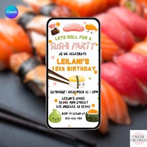 Sushi Birthday Invite. Digital Japanese Theme Party Invitation. Asian Sushi Roll eVite. DIY Template.