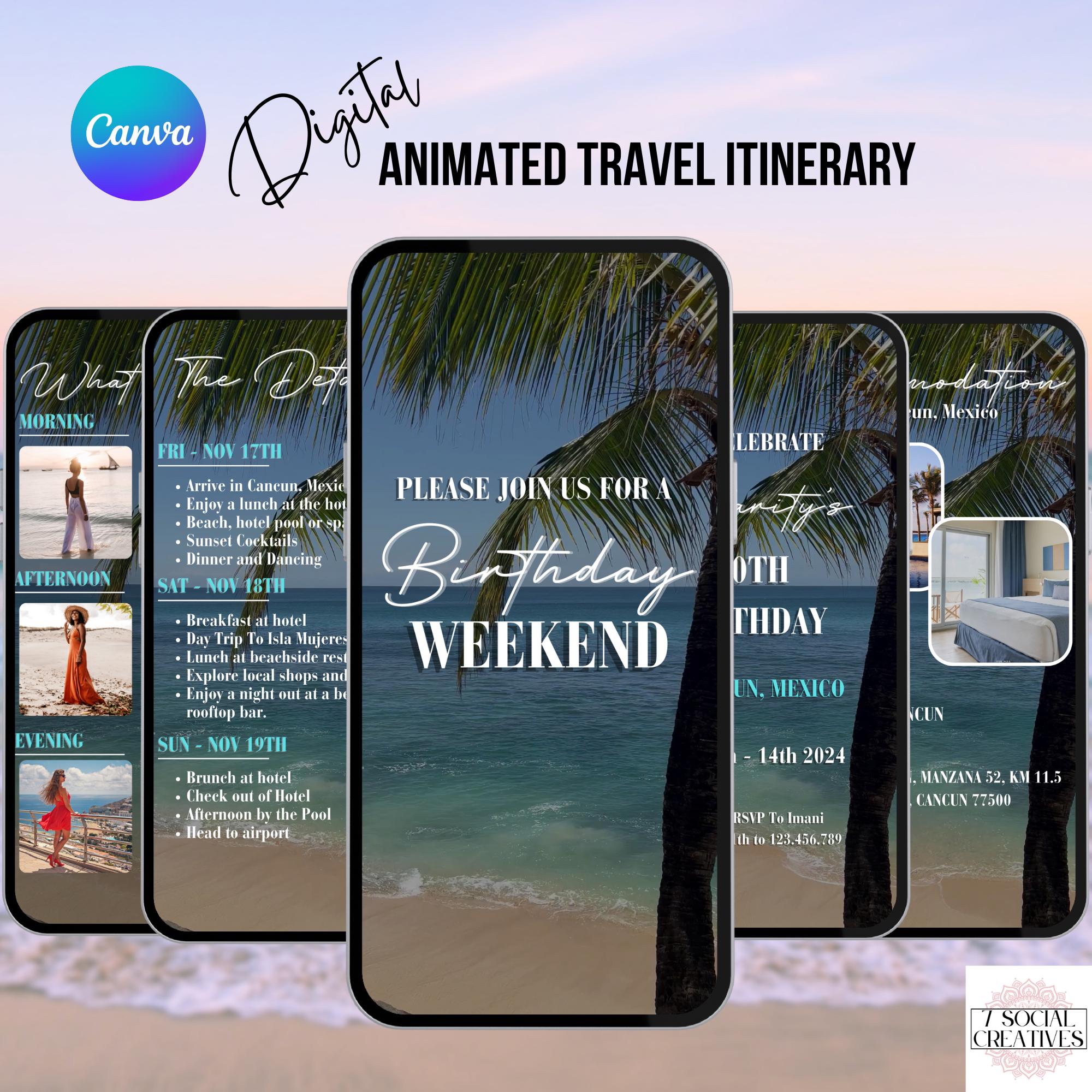 Digital Beach Itinerary Template. Animated Tropical Weekend Planner Invitation. Holiday Downloadable Invite. Editable Birthday Template.