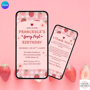 Berry First Birthday Invitation. Cute Fun Digital Animated Girls 1st Party Invite. Pink Strawberry Chequered eVite. DIY Editable Template