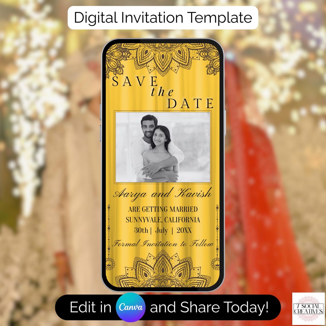 Yellow Indian Wedding Save the Date Invitation. Digital Elegant ...