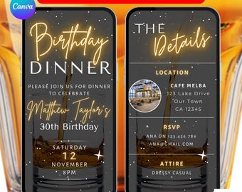 Whiskey Birthday Invite.  Digital Animated Mens Birthday Dinner Invitation.  Perfect For Any Age.  Easy To Edit Template.  Send By Phone.