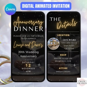 Anniversary Dinner Invitation. Digital Wedding Anniversary DIY Template in Black and Gold With Animated Champagne Background. Easy to Edit.
