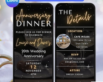 Anniversary Dinner Invitation. Digital Wedding Anniversary DIY Template in Black and Gold With Animated Champagne Background. Easy to Edit.