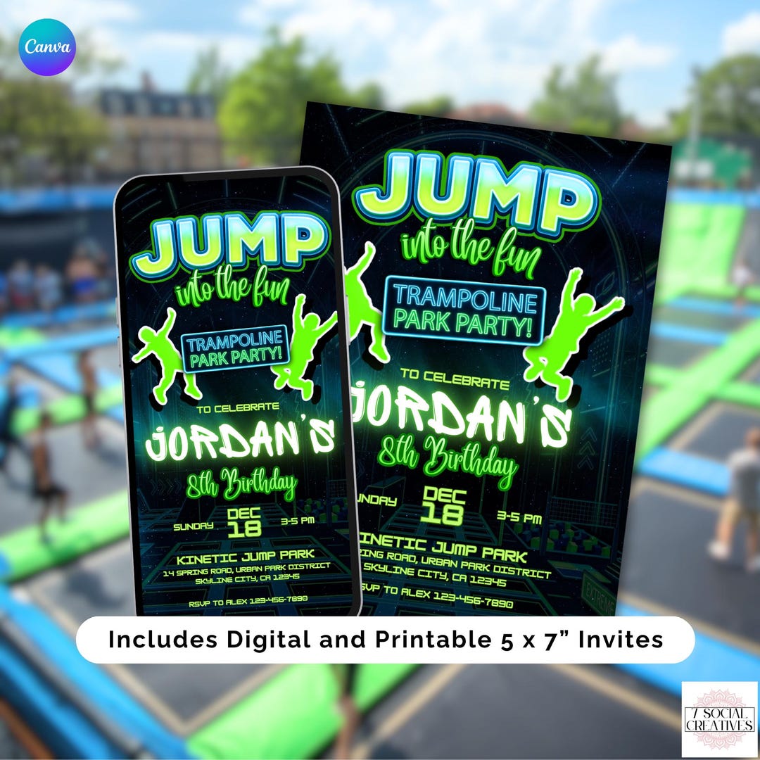 Trampoline Park Birthday Invitation. Green Digital and 5 X 7
