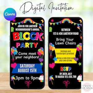 Block Party Invitation. Digital Animated Neighborhood BBQ or Potluck Invite. Black Colorful Meet The Neighbors eVite. DIY Editable Template.