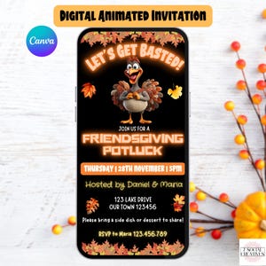 Peut inclure: Invitation numérique animée pour un potluck de l'Action de grâce entre amis. La conception présente une dinde de dessin animé avec le texte "Let's Get Basted!" et les détails de l'événement. Comprend la date, l'heure, le lieu et les informations RSVP.