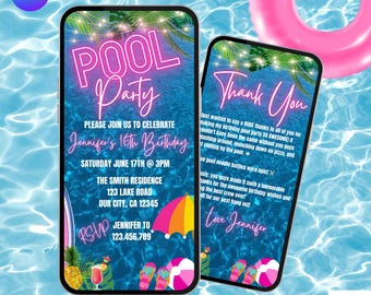 Girls Pool Party Birthday Invitation . Digital Neon Pink Teen or Kids Summer Invite.  DIY Editable Canva Template. Send by Phone.