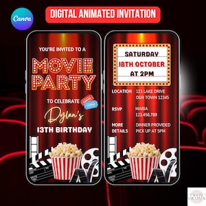 Invito per festa di compleanno a tema cinematografico. Invito digitale animato per cinema per un ragazzo o una ragazza. Invito elettronico per proiezione cinematografica. Modello modificabile fai da te.