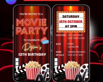 Movie Birthday Party Invitation. Digital Animated Movie Theater Invite for a Boy of Girl. Cinema Showing eVite. DIY Editable Template.