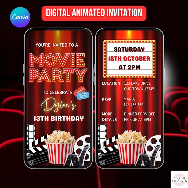 Movie Birthday Party Invitation. Digital Animated Movie Theater Invite for a Boy of Girl. Cinema Showing eVite. DIY Editable Template.
