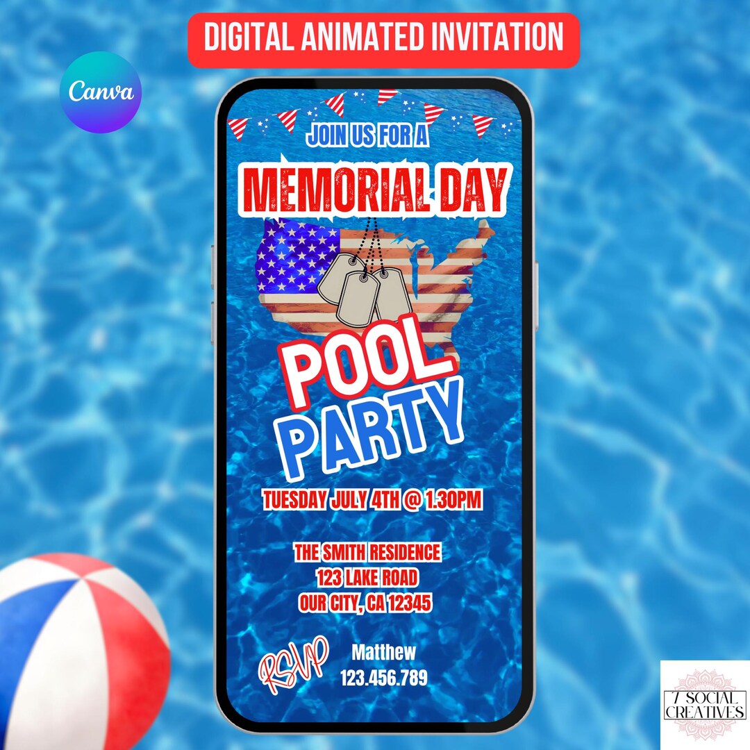 Memorial Day Pool Party Invitation. Digital Animated Red White and Blue ...