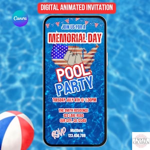 Memorial Day Pool Party Invitation. Digital Animated Red White and Blue Friends Family eVite. Summer Kick Off Backyard Invite. DIY Template.