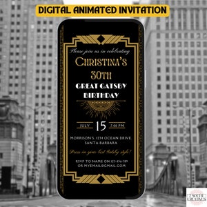 Gatsby Birthday Invitation. Black And Gold Art Deco Vintage Party Digital Invite. 1920s Theme Animated eVite. DIY Editable Canva Template.