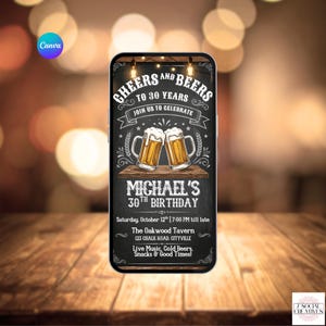 May include: A digital invitation for a 30th birthday party. The design features the text "Cheers and Beers to 30 Years" above two mugs of beer. The invitation includes the name "Michael's" and event details.