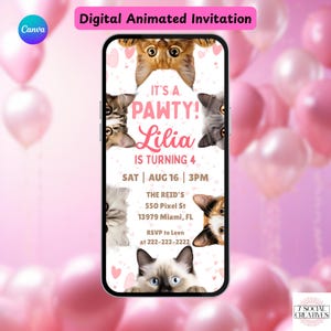 Invitación de cumpleaños con temática de gatos. Invitación para fiestas infantiles con temática de gatos para todas las edades. Invitación digital divertida y adorable para niñas con temática de gatitos. Plantilla editable para que la personalices.