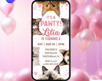 Cat Birthday Invitation. It's A Pawty Cat Theme Any Age Party Invite. Digital Cute Fun Kids Kitten Girls eVite. DIY Editable Template.