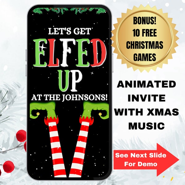 Adult Christmas Party Invitation Video.  Fun Let's Get Elfed Up Invite Template.  Easy To Edit In Canva.  Great For A Xmas Cocktail Party.