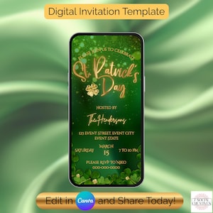 Könnte beinhalten: Eine digitale Einladungsvorlage zum St. Patrick's Day, angezeigt auf einem Smartphone. Das Design zeigt goldenen Text und Kleeblätter auf grünem Hintergrund. Die Einladung enthält Veranstaltungsdetails und RSVP-Informationen.