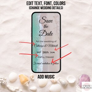 May include: A digital save the date card with a beach background. The text reads "Save the Date" for the wedding of Catherine & Mitchell, Sat 26th Jun, Oahu, Hawaii. Formal invitation to follow.