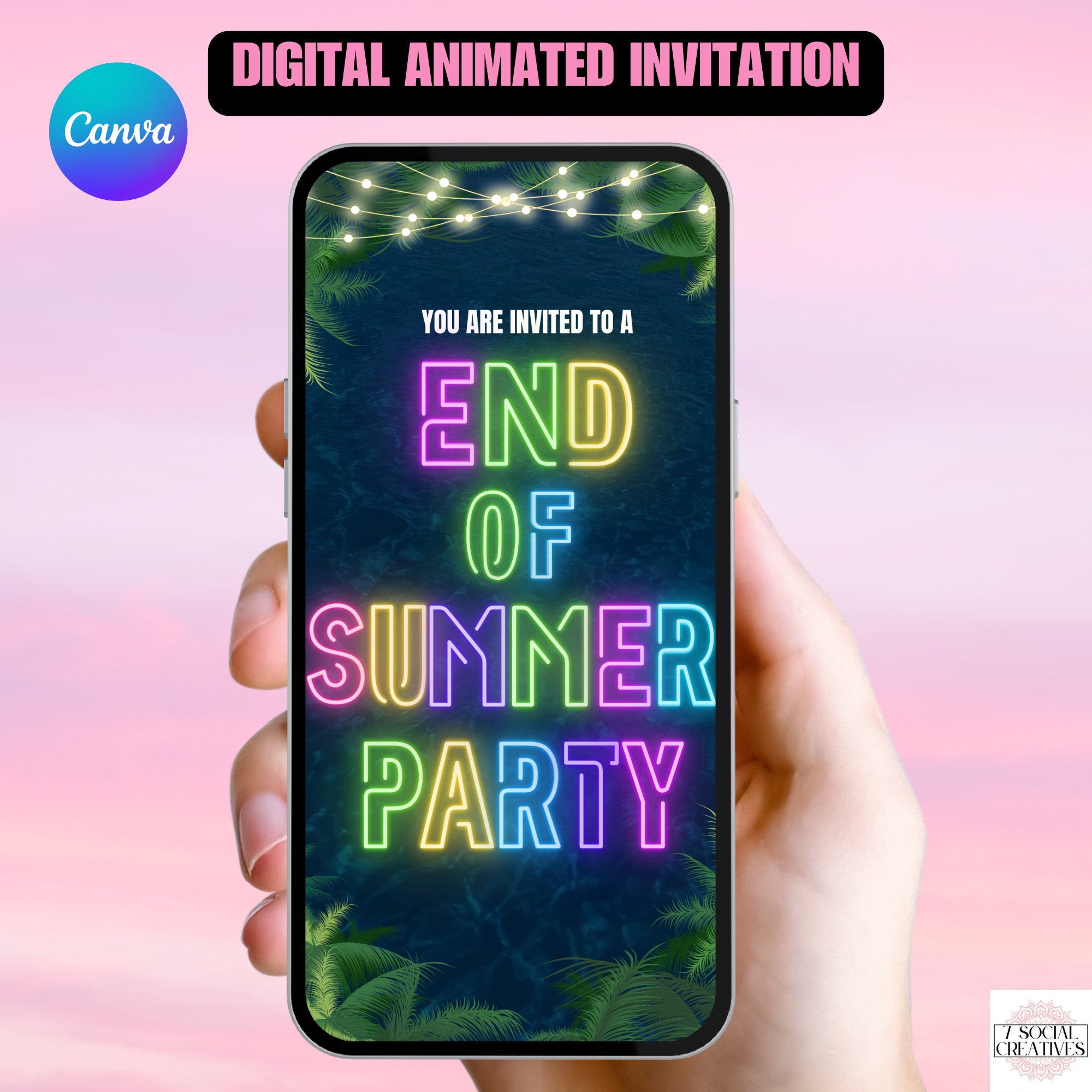 End Of Summer Party Invitation.   Digital Animated Beach or Pool Party Invite in Neon Colors.  DIY Editable Template. Send by Phone.
