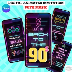 90s Birthday Invitation With Music.  Digital Animated Back To The 1990&#39;s Invite. Neon eVite for Men or Women or Any Event. DIY Template.