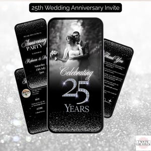 Invito per il 25° anniversario di matrimonio. Elegante invito digitale per la festa delle nozze d'argento con foto. Modello Canva modificabile fai da te con bonus.