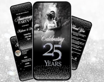 Invito per il 25° anniversario di matrimonio. Elegante invito digitale per la festa delle nozze d'argento con foto. Modello Canva modificabile fai da te con bonus.