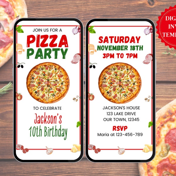 Digital Pizza Party Invitation.  Fun Animated Video Invite Template Perfect For Any Birthday or Theme Party.  Easy To Edit In Canva.