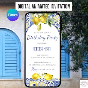 Blaue Fliesen und Zitrone-Geburtstags-Party Einladung.  Mediterrane Sommer Themen Digitale Einladung.  Einfach in Canva zu bearbeiten und per Telefon zu senden.