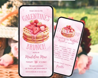 Pink Galentines Brunch Invitation with Thank You. Digital Pink Waffle Theme Girls Valentines Day Party Invite. Friends eVite. Send by Phone.