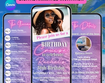 Birthday Cruise Invite Itinerary in Pink. Digital Womens Pink Birthday Trip Invitation. Vacation Planner Holiday eVite DIY Editable Template